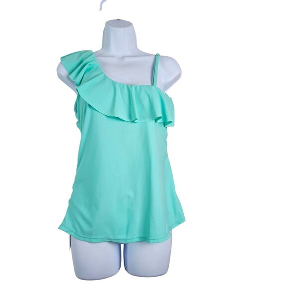 One-Shoulder Ruffle Swimsuit in Aqua - Picture 3 of 11